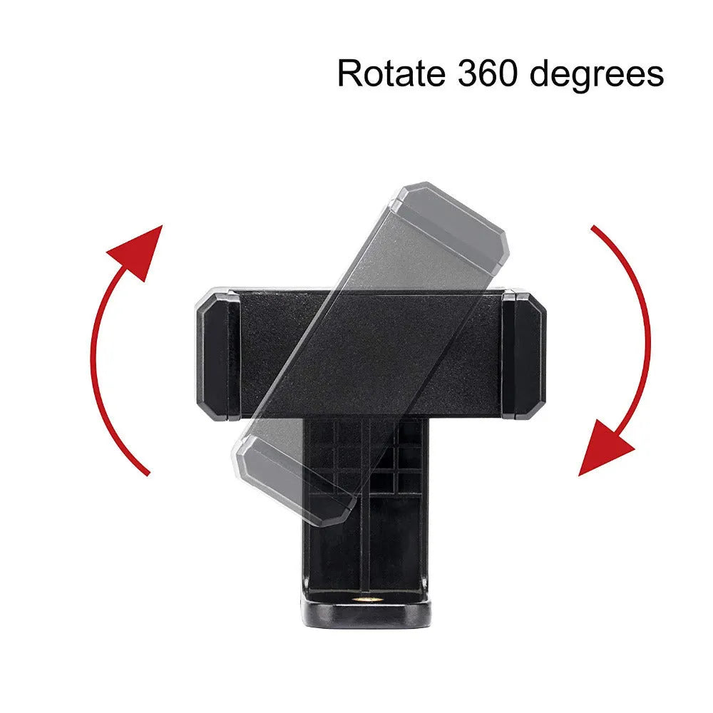 Black plastic phone holder with rotating clamp on desk surface