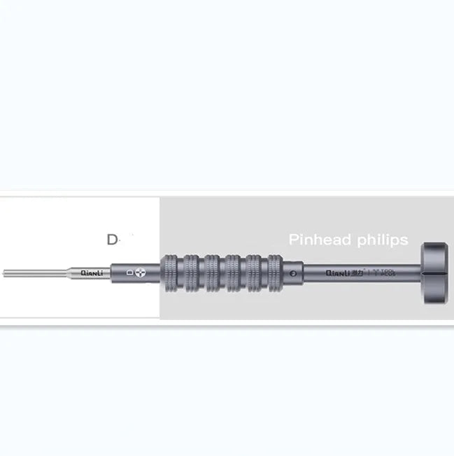 iPhone compatible precision screwdriver with grenade-shaped aluminium handle and five bit types including T2 cross triangle