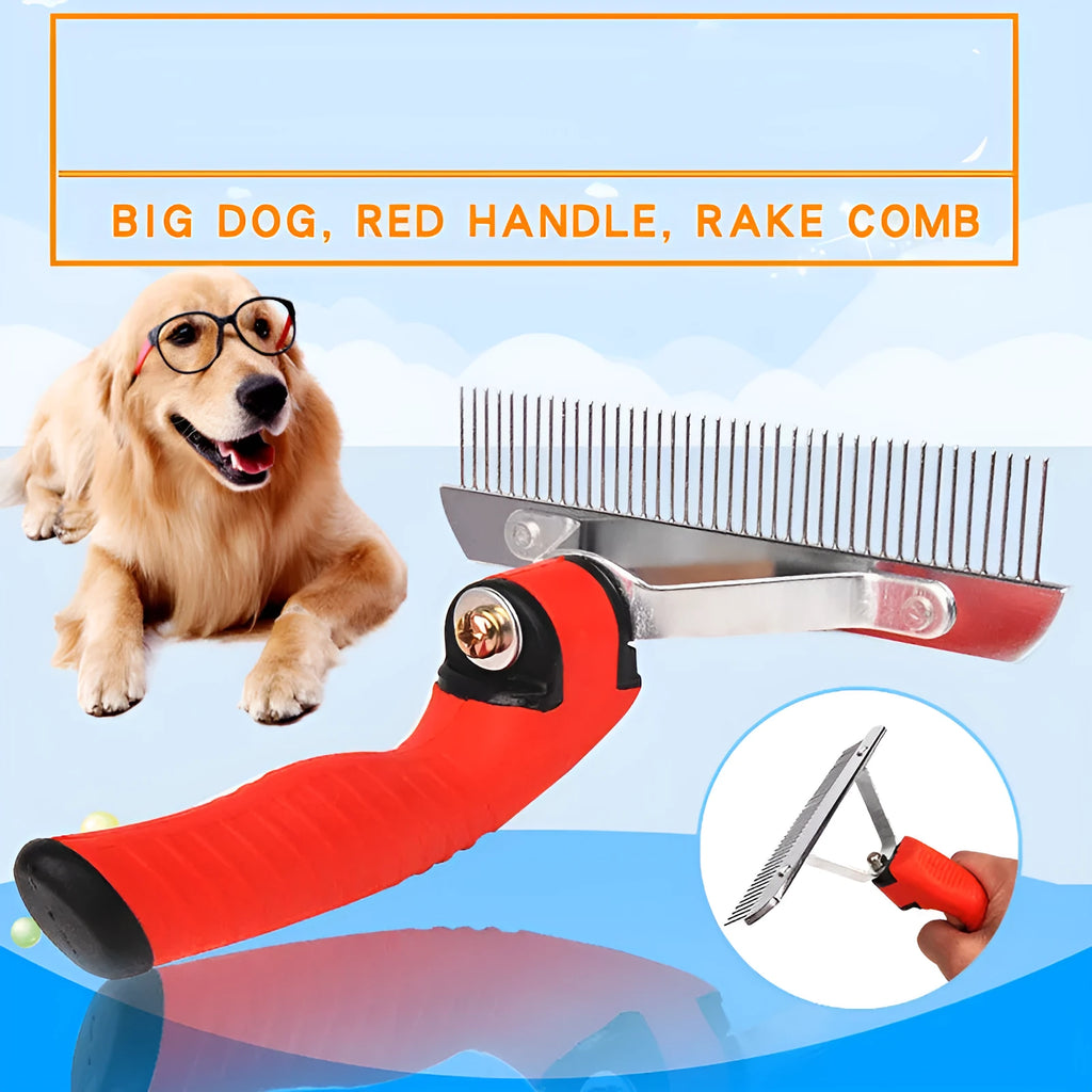 Large red dog comb with rubber handle and metal teeth for pet grooming