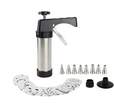 Stainless steel biscuit press cookie machine with 13 moulds and 8 piping nozzles in a colour gift box