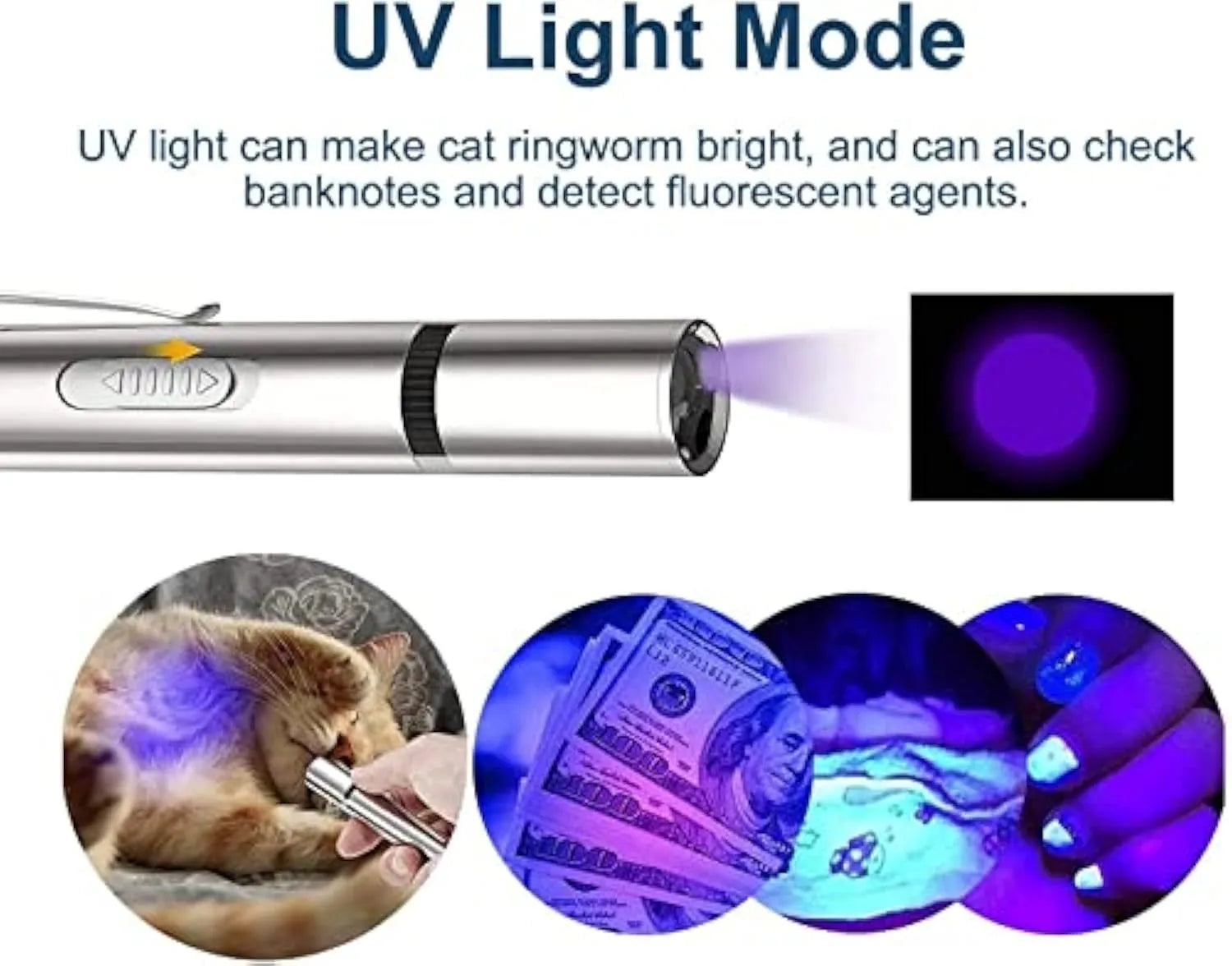 Silver aluminium cat toy pointer wand with USB charging showing laser patterns on wall