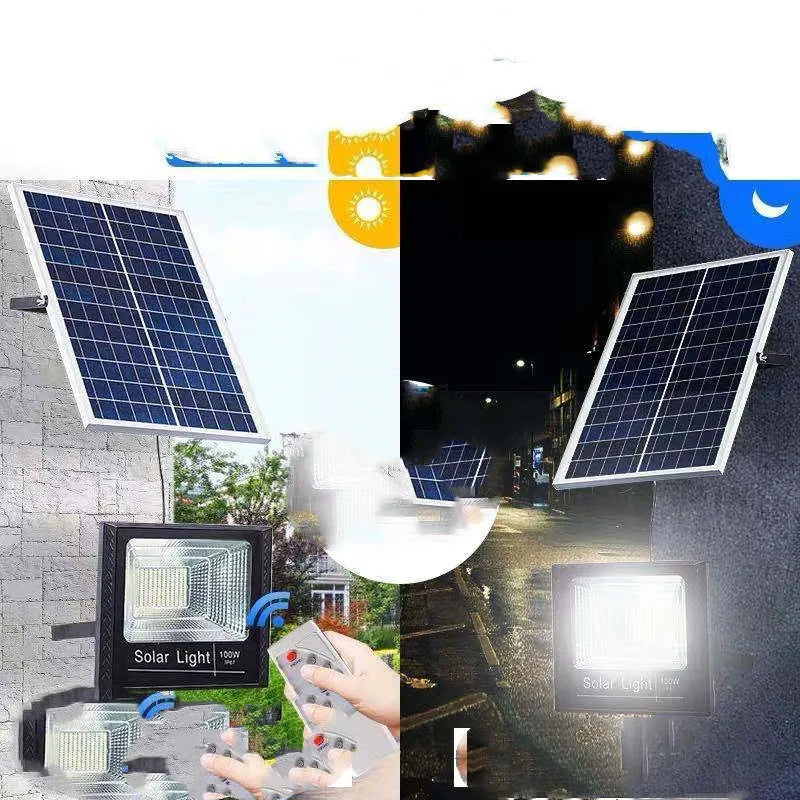 Black Cornucopia solar-powered LED flood light with remote control, mounted on an outdoor wall.