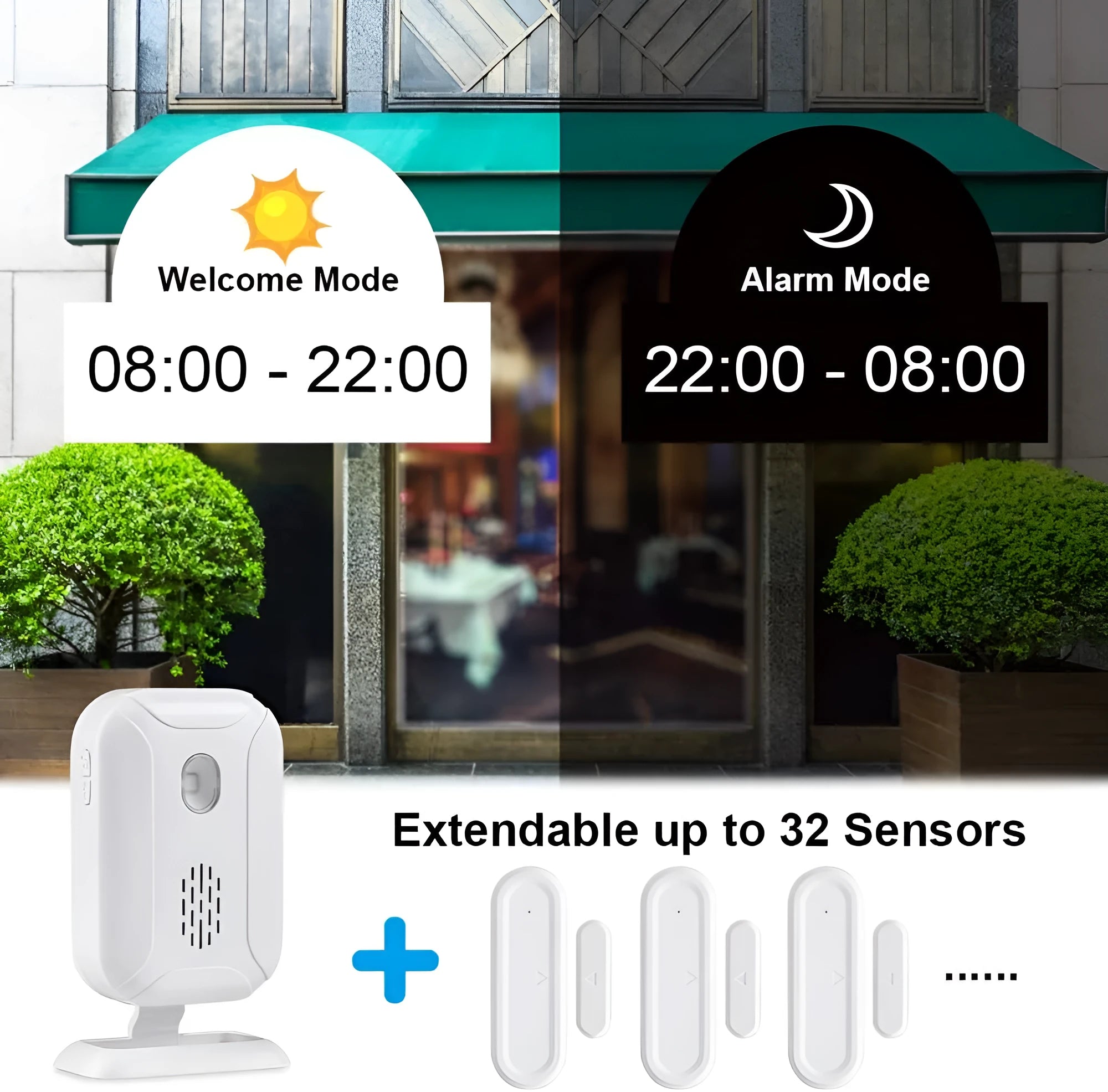 Wireless door sensor chime receiver unit with LED display and sensor, 280m range, 36 chimes, 5 modes for home and business security
