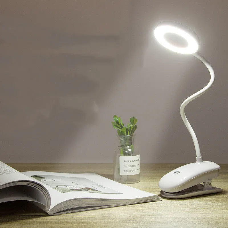 Modern clip-on rechargeable desk lamp with touch switch and plastic shade in multiple colour temperature options