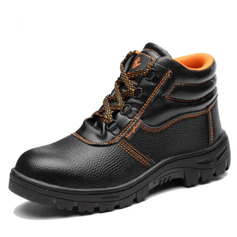 Black steel toe high-top work shoes with microfiber leather upper and rubber sole for heavy-duty safety