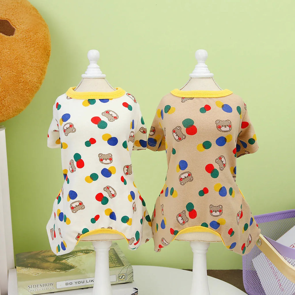 Dog pet clothes with colourful ball bear print in beige on a casual cotton-spandex pet top