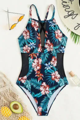 Women's deep V neck one-piece swimsuit on a hanger, showing solid colour or gradient print.