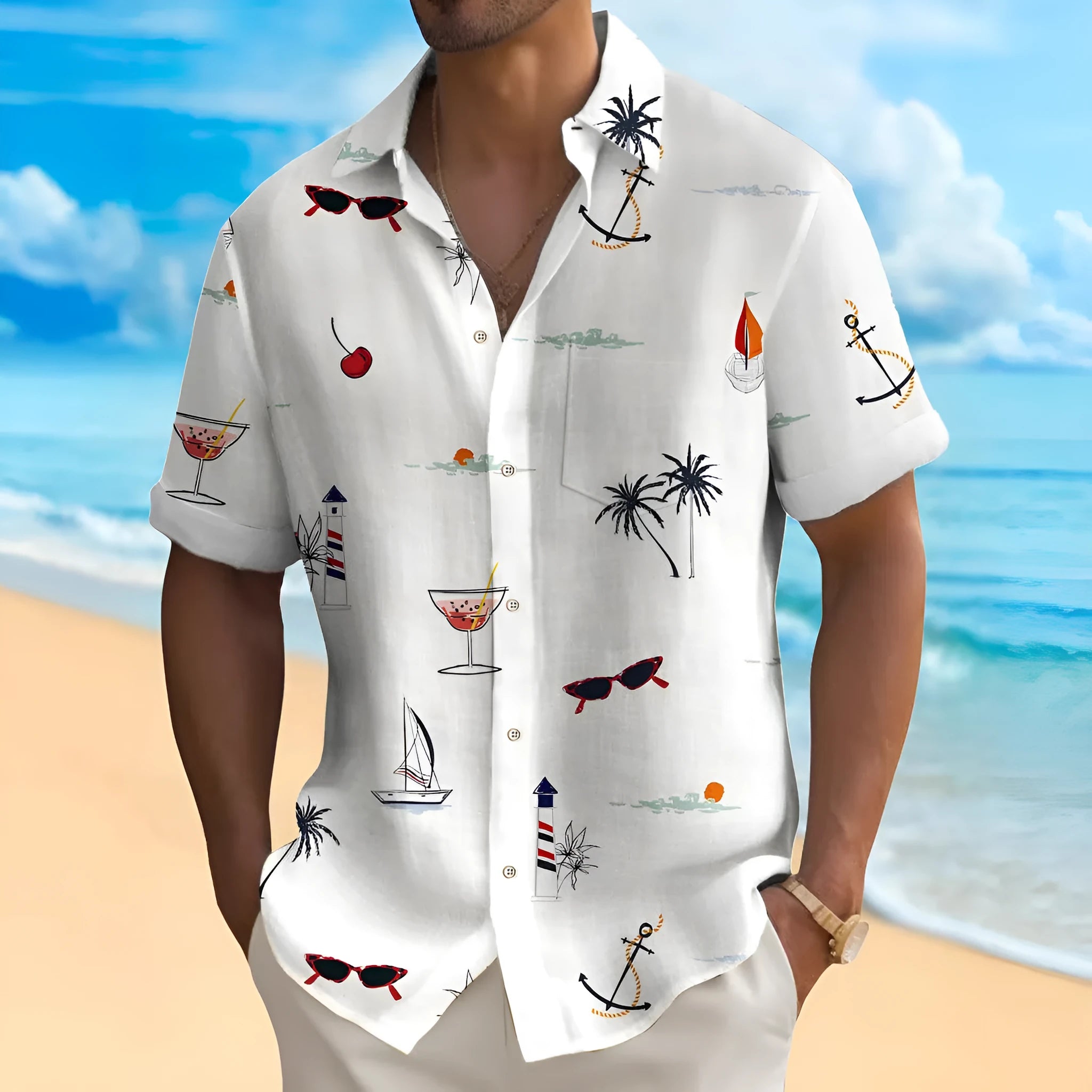 Man wearing a loose-fit, short-sleeve Hawaiian print shirt with colourful digital patterns.