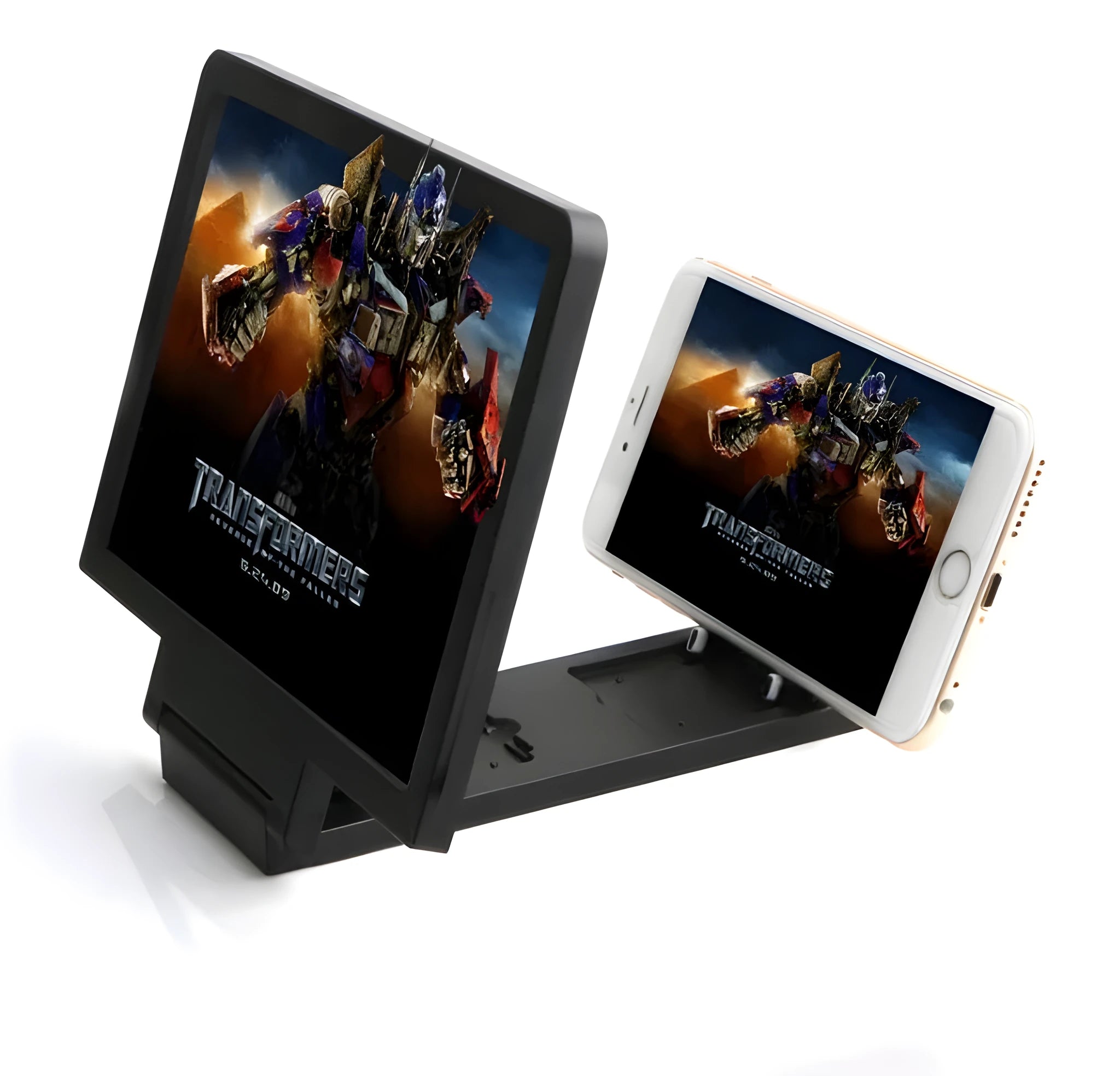 Black and white 3D mobile phone screen amplifier acting as a phone stand on a table