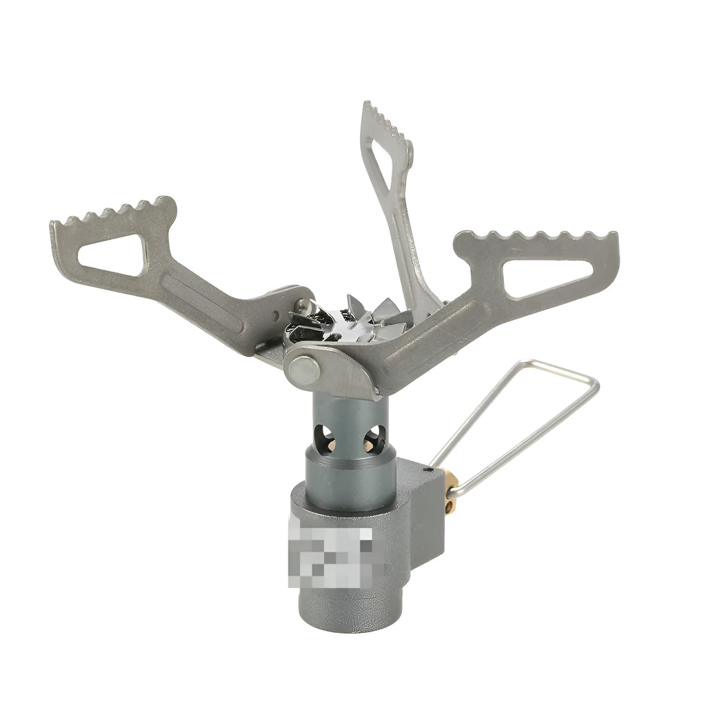 Compact portable camping stove with one-piece steel body and folded legs, shown with a propane canister.