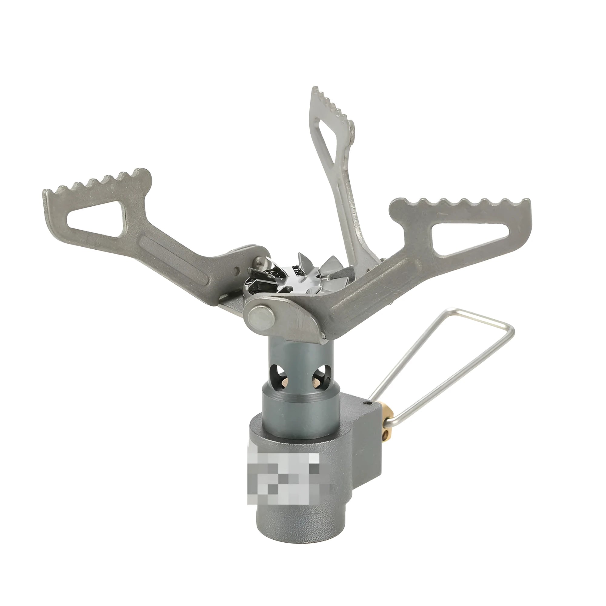 Compact portable camping stove with one-piece steel body and folded legs, shown with a propane canister.