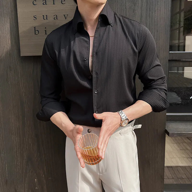 Men's dark striped long sleeve V-neck casual shirt in cardigan style