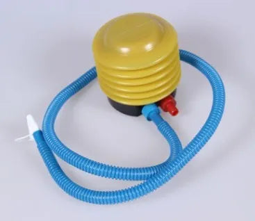Blue and red plastic pedal pump inflator for swim rings with 4-inch diameter