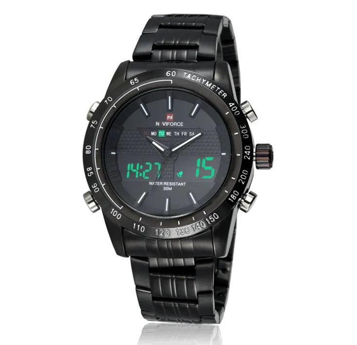 Kairos Naviforce men's sports watch with 46mm round black dial, alloy strap, and stainless steel pin buckle