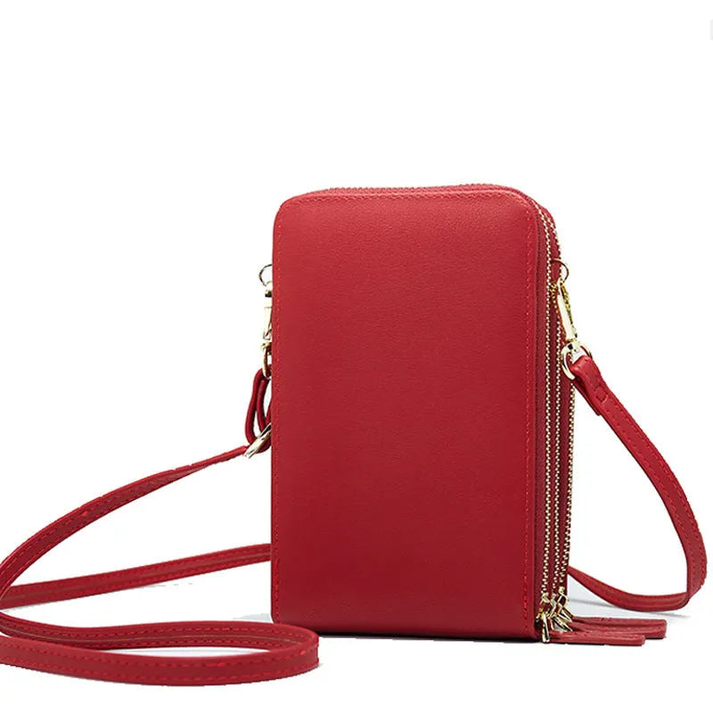 PU leather messenger mobile wallet with detachable buckle and adjustable strap, size 11.5cm x 6.5cm x 18.5cm, in black