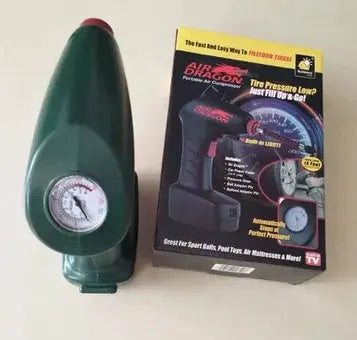 Portable 12V electric car tyre pump with LED light and air hose.