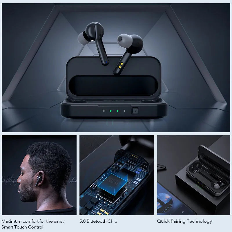Black and white true wireless earbuds with Bluetooth 5.0 and IPX5 splash resistance.