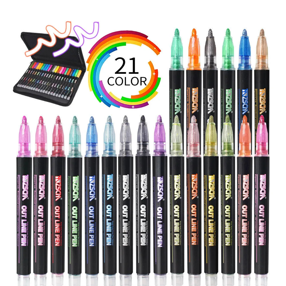 Double line pen with 21 colour set plastic shell water-based ink line width 1mm-2mm for hand account