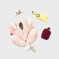Cartoon plush chicken dog toy with removable jujube and ginseng sound parts plus teething rope on white background