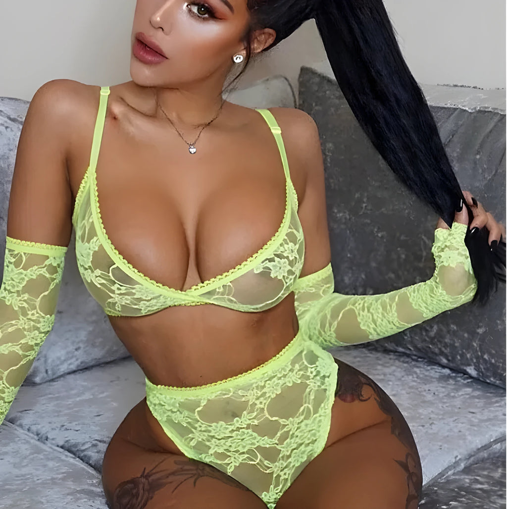 Women's three-point strap lingerie in fluorescent green, front view