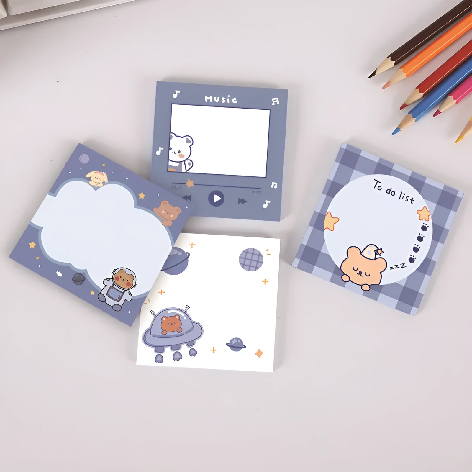 Cute cartoon bear sticky notes 8x8cm with 50 sheets, showing a Happy Bear design on a yellow background