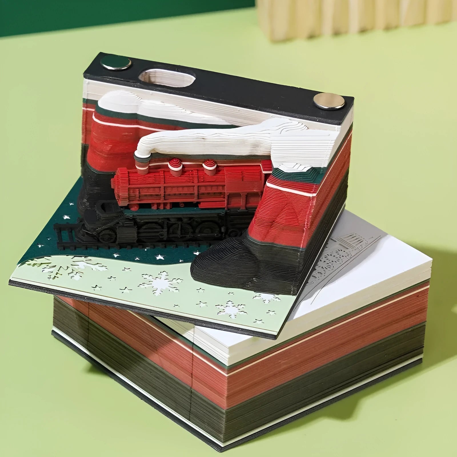 3D paper carving sticky notes depicting Qingshui Temple with a Christmas train design cover.