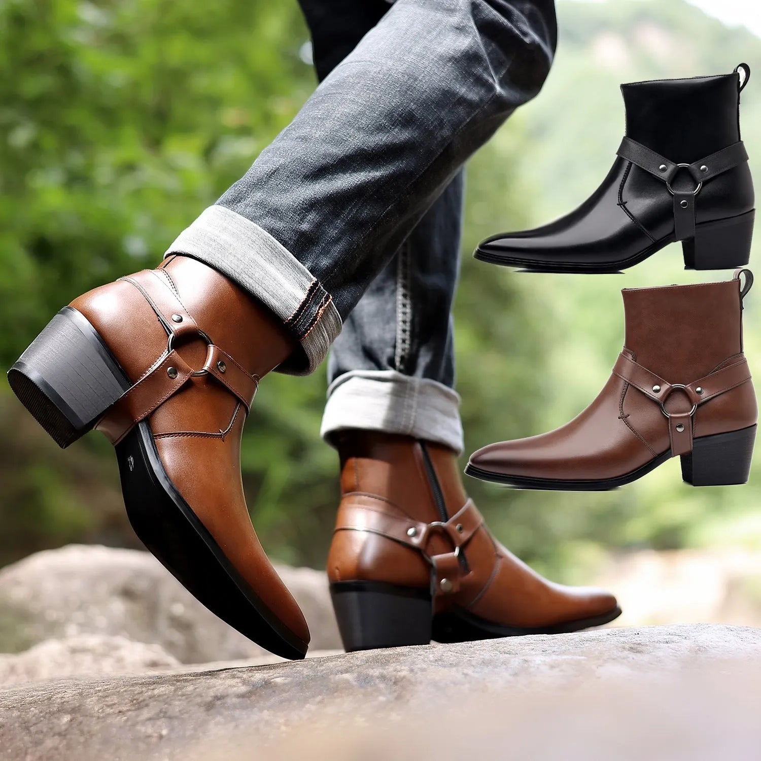 Black unisex ankle boots with side zipper, rivet details, and a high horseshoe heel on a grey background.