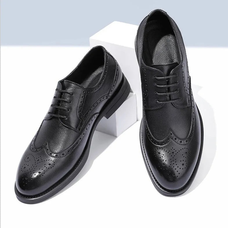 Men's black and brown brogue business shoes with a PU leather upper on a white background.