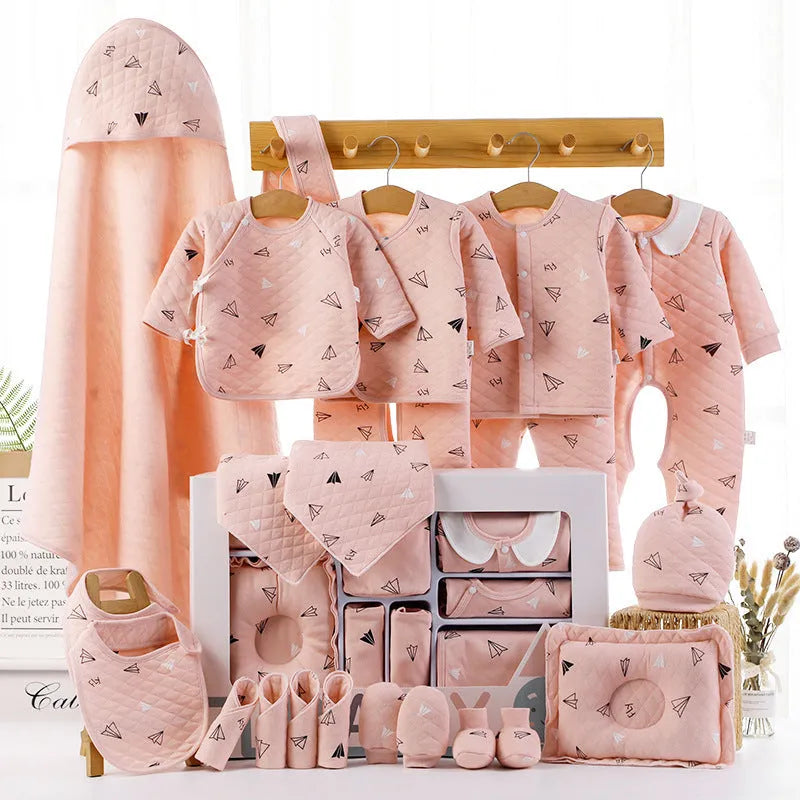 Baby cotton clothes gift box with 22-piece long sleeve cardigan set in pink and blue cartoon patterns