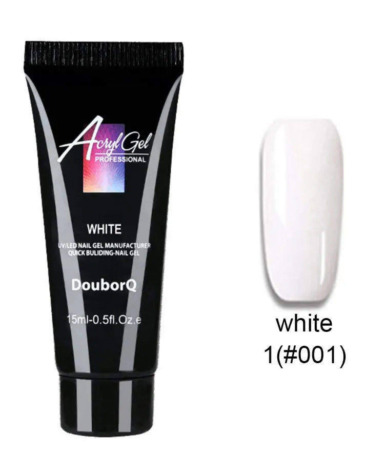 Three 15ml polygel bottles in different colours with 48 mold tips for nail extensions