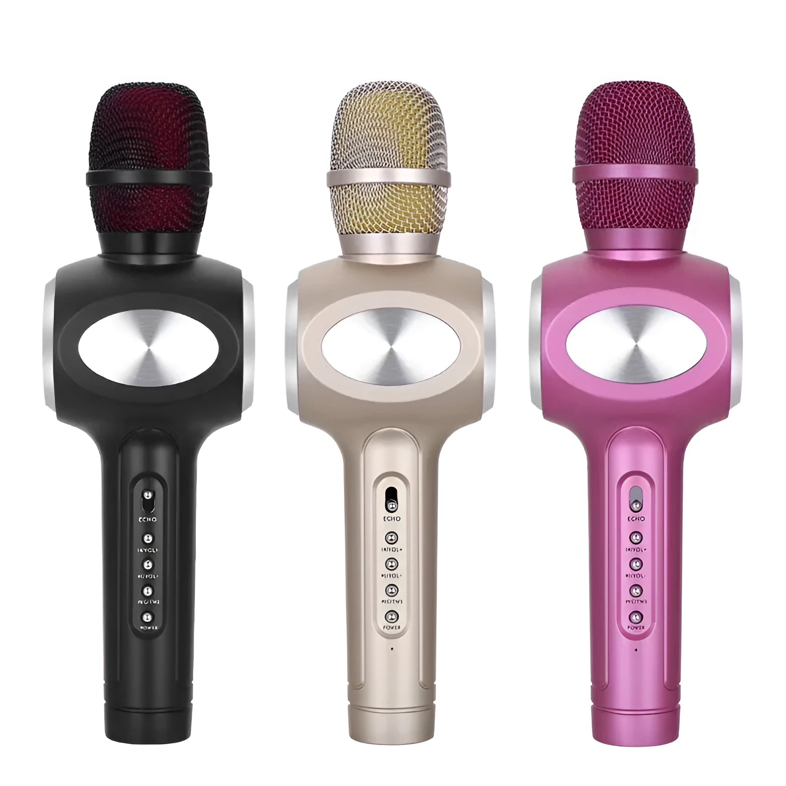 Yaerjia E108 black portable karaoke microphone with built-in speaker and echo effects.