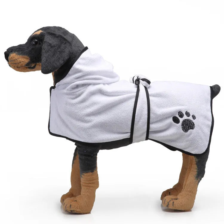 Strong absorbent dog towel pet bathrobe with adjustable belt and Velcro neckline, sizes XS to XL