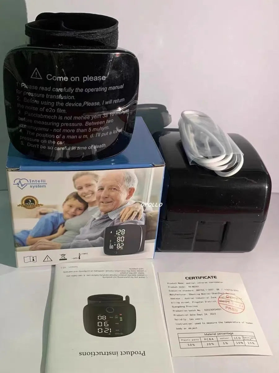 Black wrist blood pressure monitor with USB recharge port and multi-language voice function.