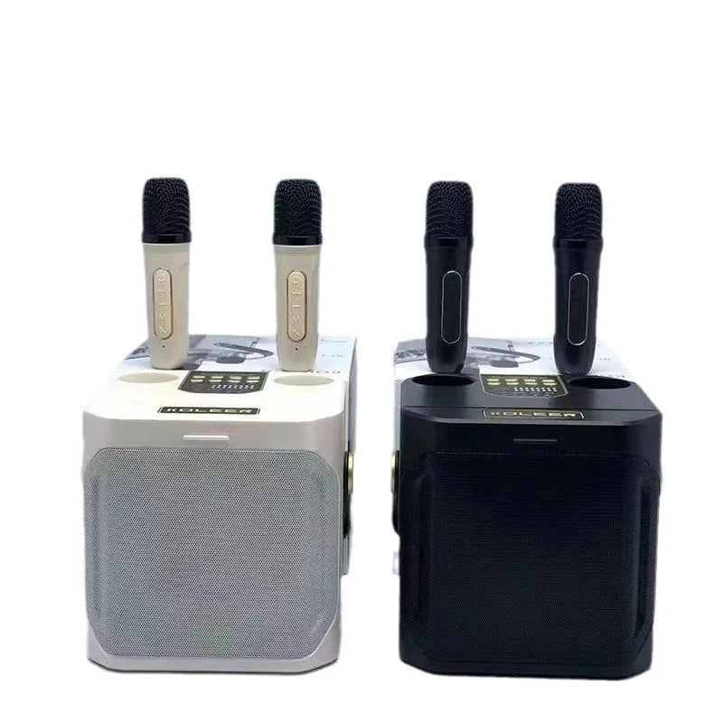 Dual stereo portable karaoke speaker in black or white with two microphones, 143 x 168 x 171 mm