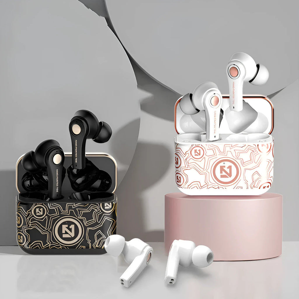 Black and white TWS touch wireless in-ear headphones with charging compartment