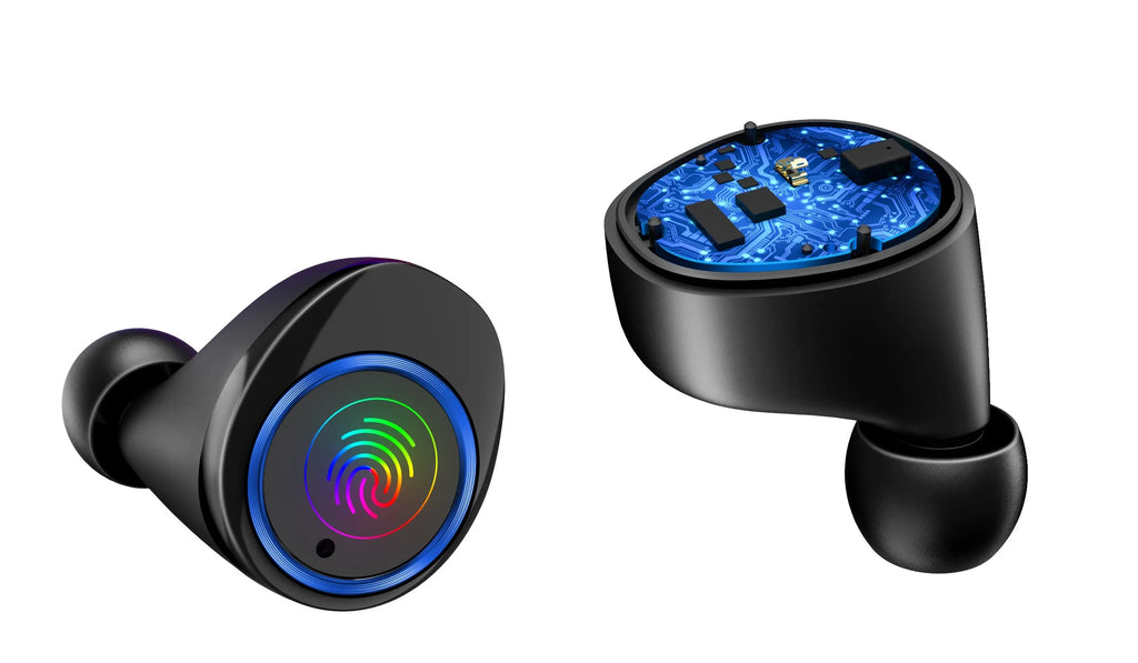 Black X11 wireless Bluetooth earbuds inside their white charging case, with silicone ear sleeves.
