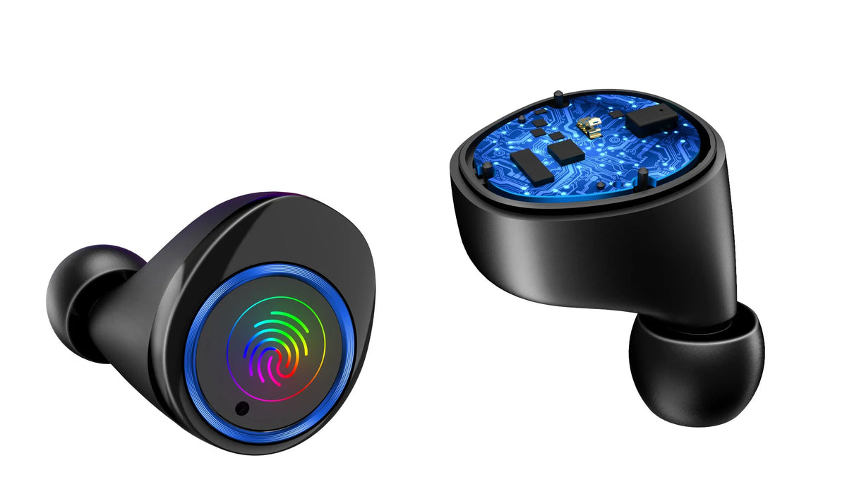 Black X11 wireless Bluetooth earbuds inside their white charging case, with silicone ear sleeves.