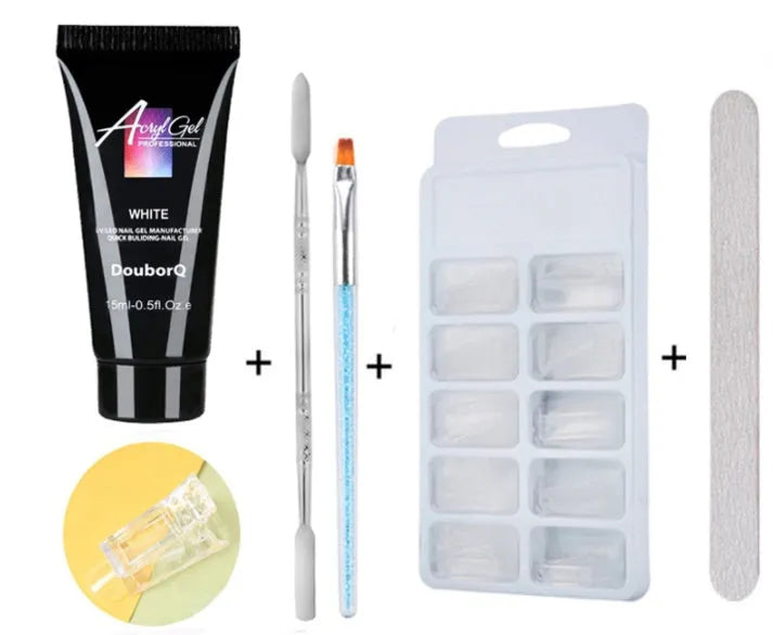 Clear nail polish art kit with resin gel, sponge, brush, and nail sticker for DIY manicure