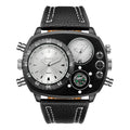 Men's quartz sports watch with leather strap, alloy case, 45mm dial, black or white option