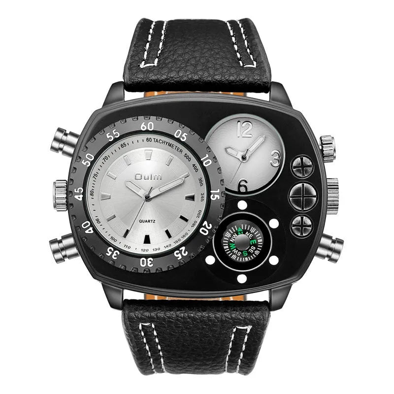 Men's quartz sports watch with leather strap, alloy case, 45mm dial, black or white option