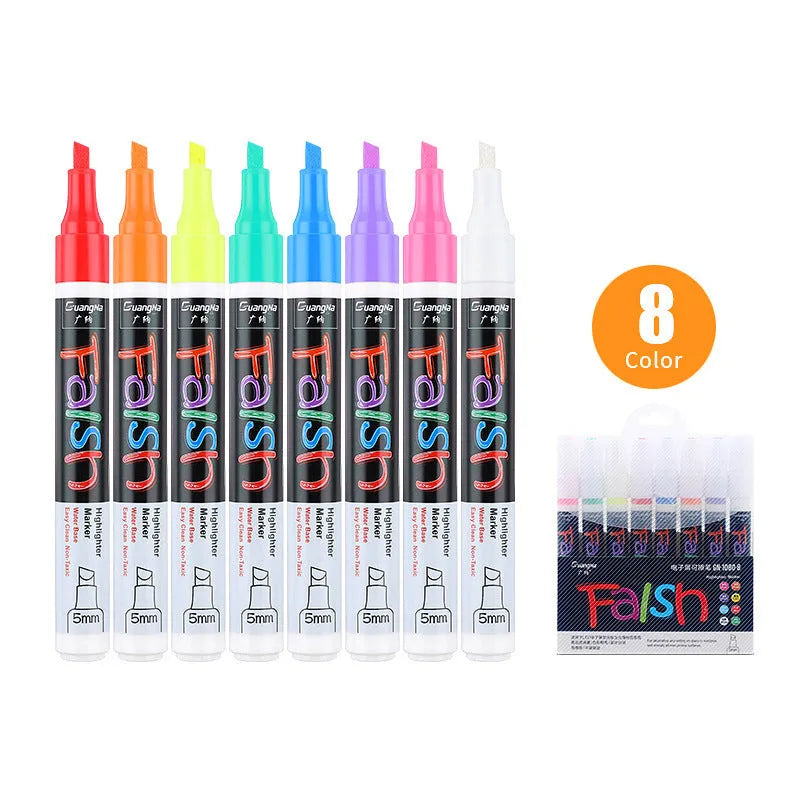 Oblique plastic electronic fluorescent board highlighter pen with a 6mm tip, shown with 8 colour refill options.