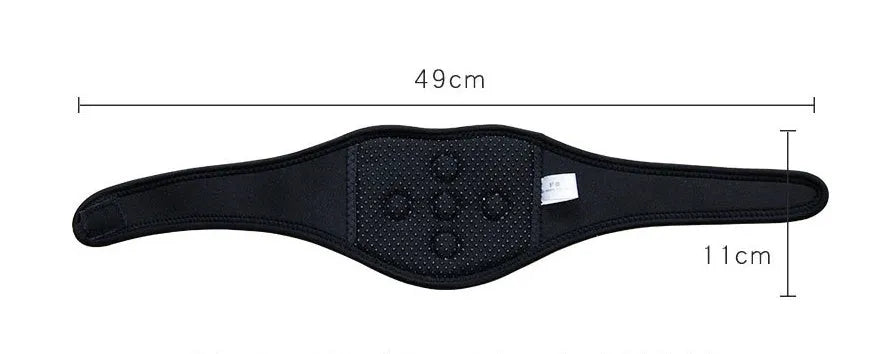 Black self-heating magnetic therapy neck guard showing adjustable strap.