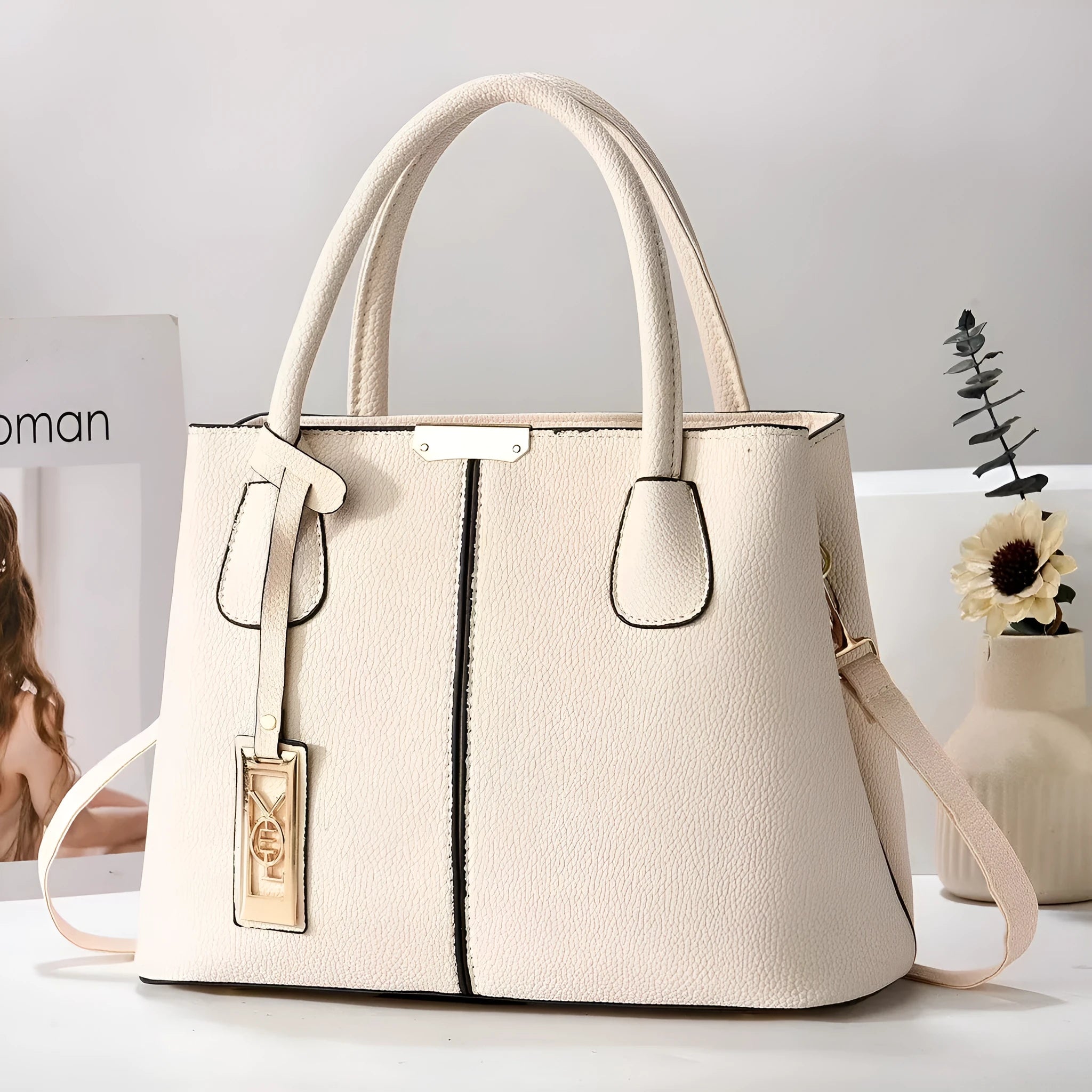 Women's large capacity PU leather shoulder bag in horizontal square tote design with leather strap