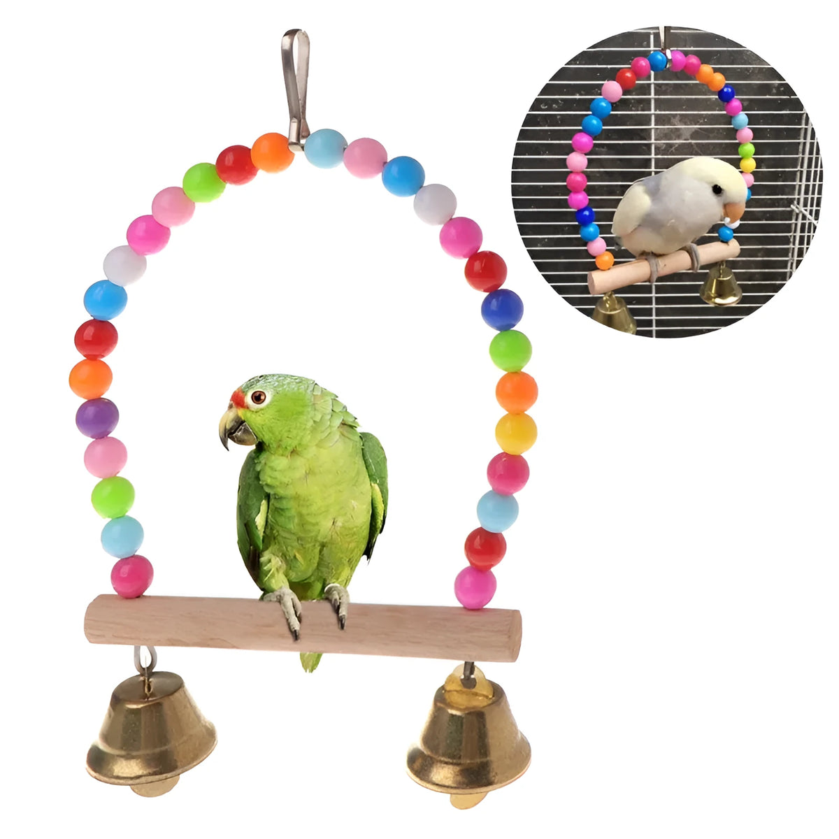 Qianyun small wooden bird swing with coloured beads and two bells, 10cm x 1.4cm x 15cm, hanging cage toy for parrots