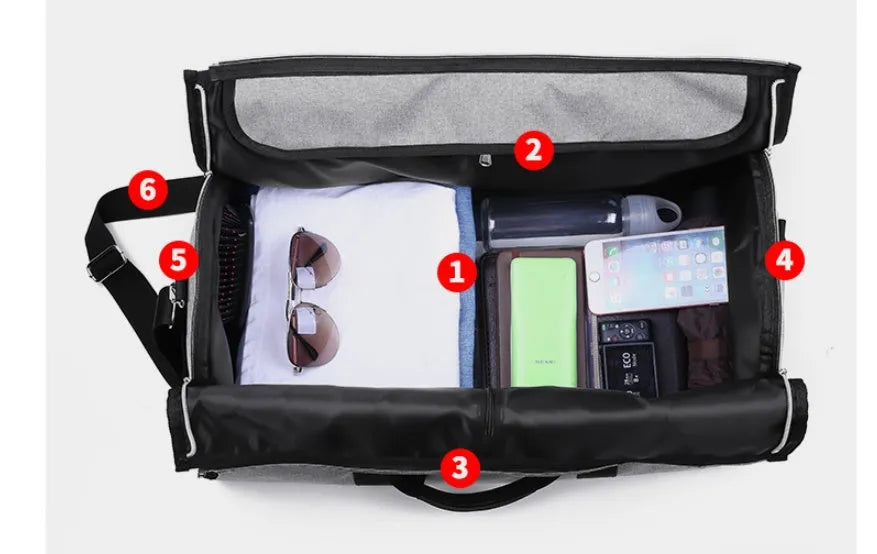 Medium cylinder-shaped travel duffle bag in black, made from Oxford cloth with a top zipper.