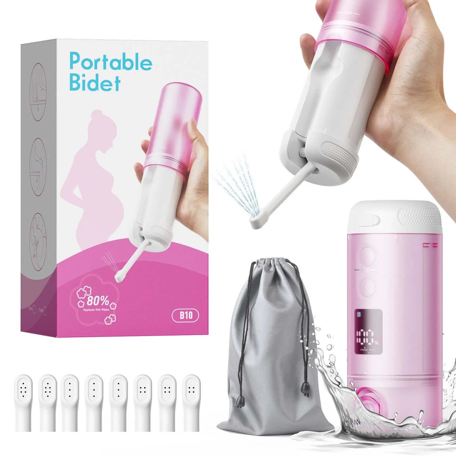 Portable electric oral irrigator in White+Purple with 250ml cup, LED screen, and Type-C charging port on a storage base