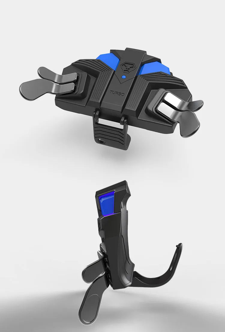 Black PS4 controller back button attachment with two rear paddles and a 3.5mm audio jack, connected by a long braided cable.