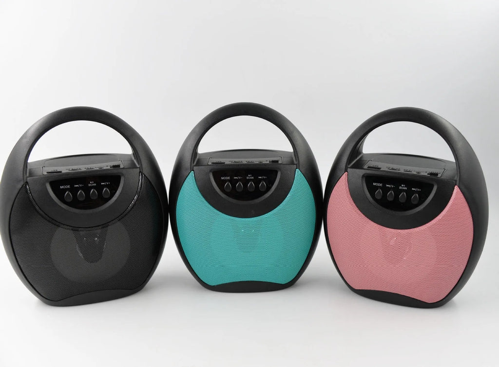 Portable Bluetooth speaker in black plastic casing with USB port and control buttons