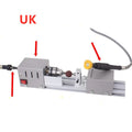 Mini manual woodworking lathe with silver metal finish and carving knives