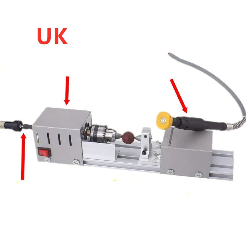 Mini manual woodworking lathe with silver metal finish and carving knives